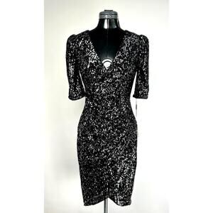 Calvin Klein Black Silver Sequin Faux Wrap Dress Side Ruched Size 2 NWT